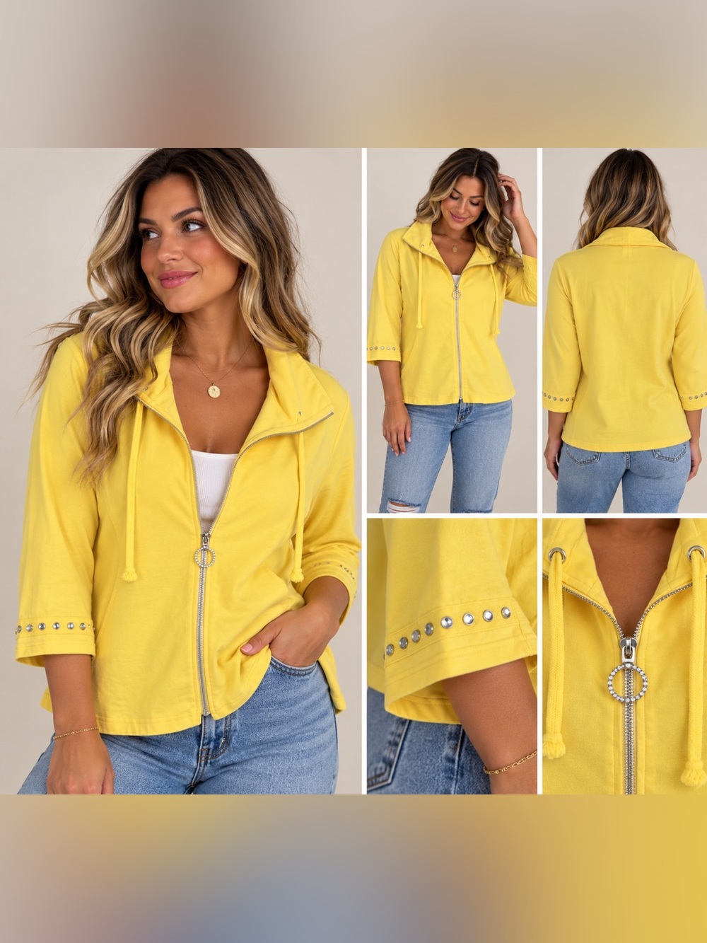 Onque Casual Yellow Rhinestone Zip Up Jacket Women’s L Y2K 3/4 Sleeve